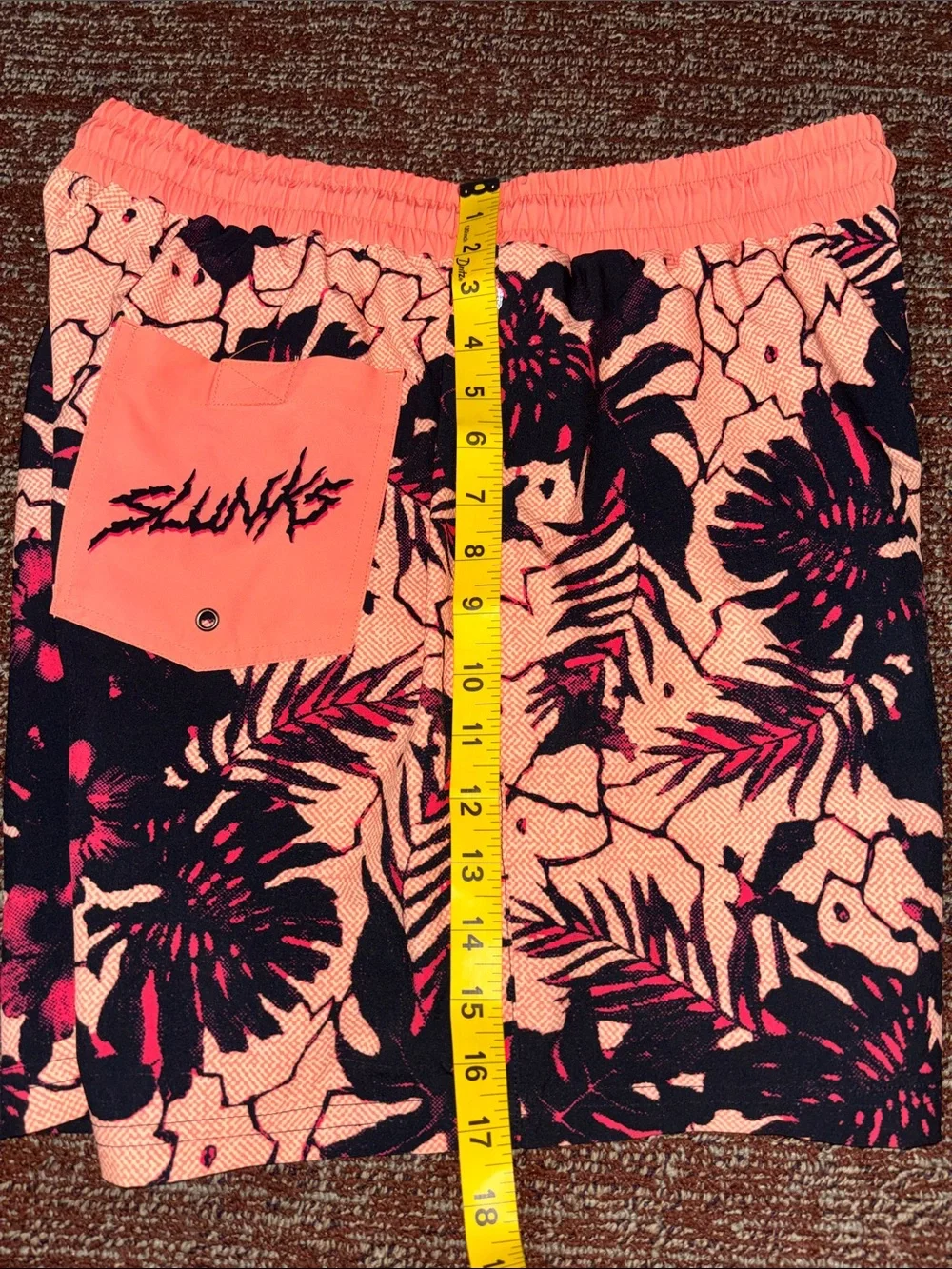 Slunks orange tropical print men’s lined shorts elastic waist beach volleyball